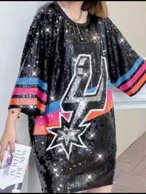 Sequined San Antonio Spurs Black Jersey with Colorful Stripe Detail